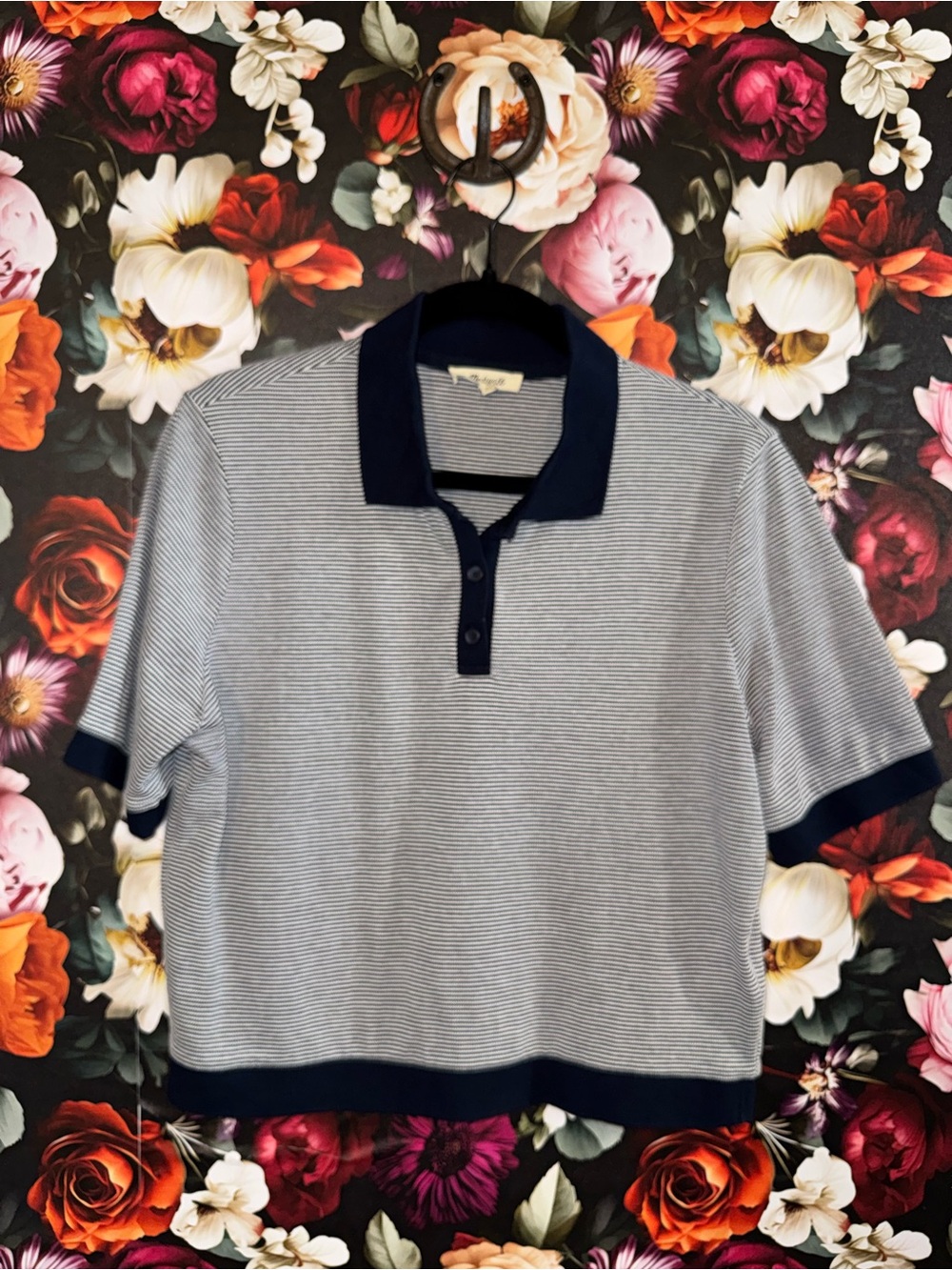 Madewell Women’s Navy & White Striped Polo Crop Top, Large, NWOT
